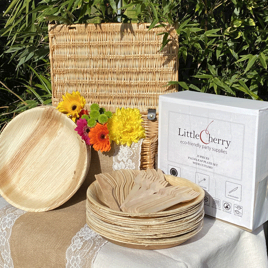 Palm Leaf Plates Set with Cutlery