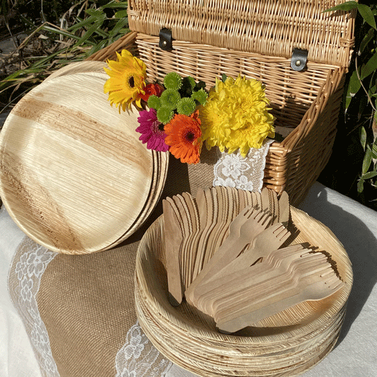 Palm Leaf Plates Set with Cutlery