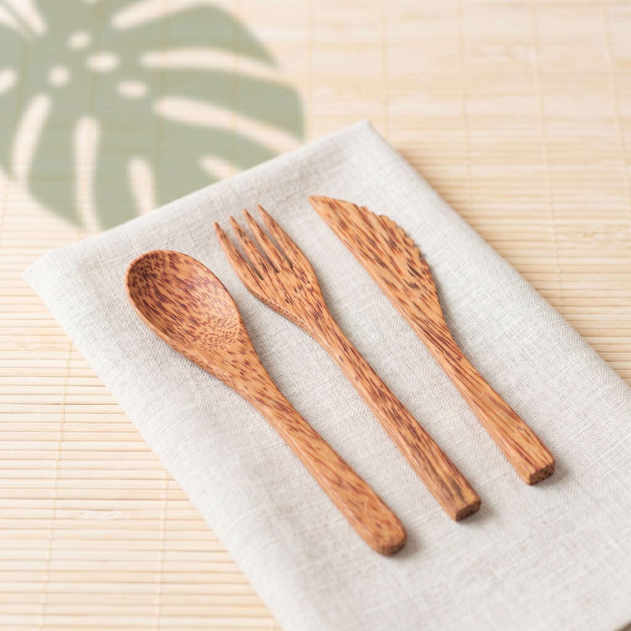 Natural Coconut Bowl, Coconut Wood Cutlery &amp; Palm Leaf Plate Bundle
