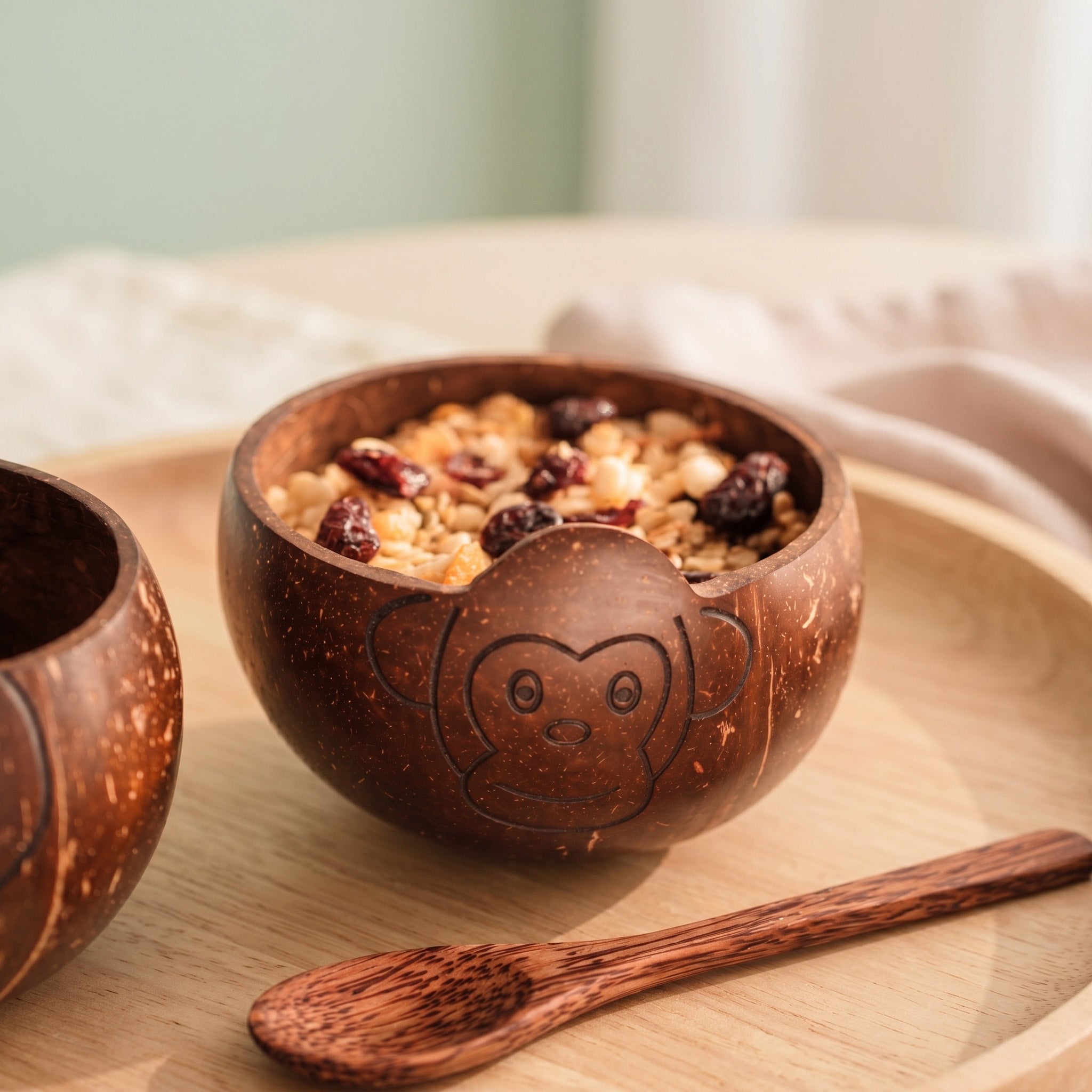 Kids Coconut Bowl Trio – Cat, Dog &amp; Monkey with Coconut Wood Spoons