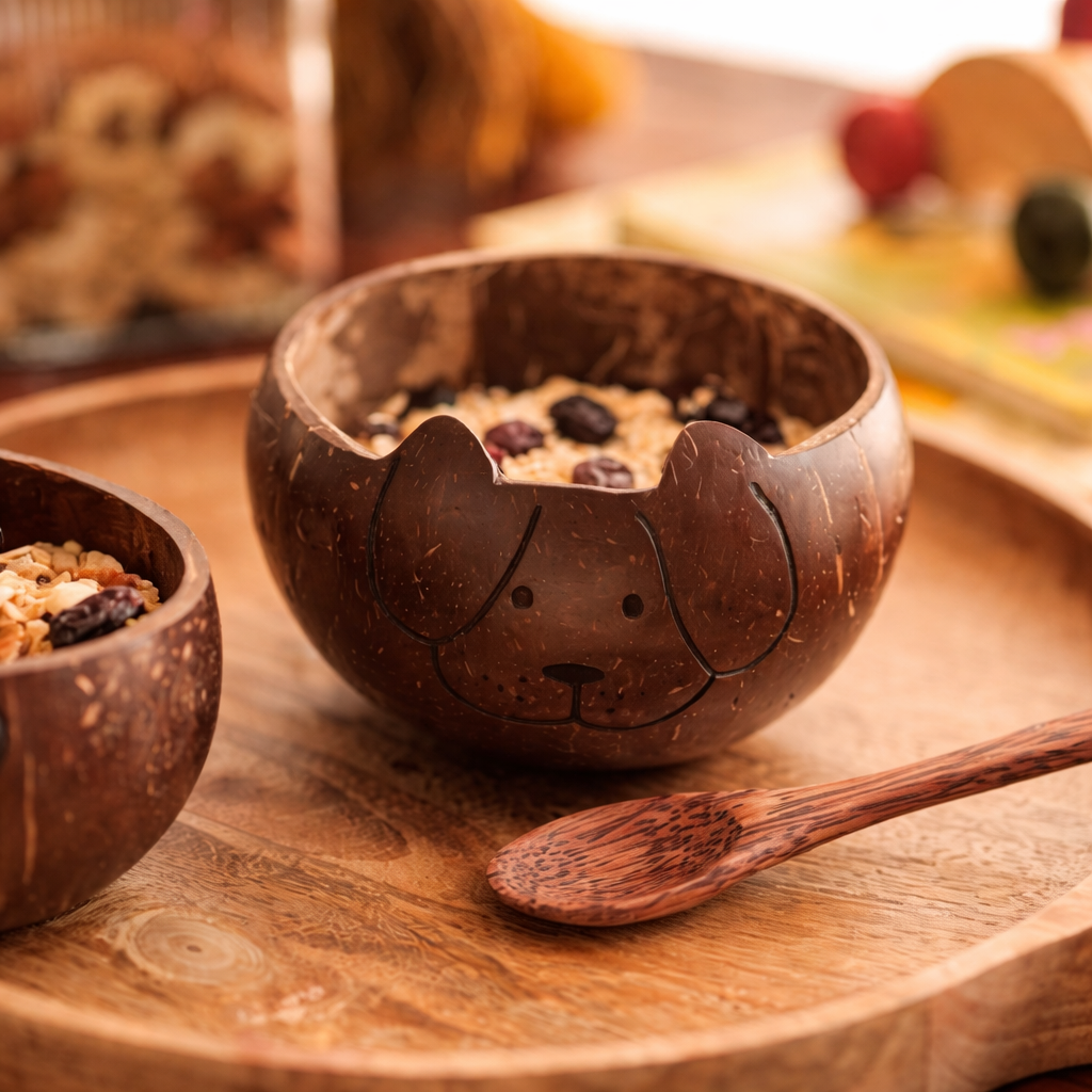 Kids Coconut Bowl Trio – Cat, Dog &amp; Monkey with Coconut Wood Spoons
