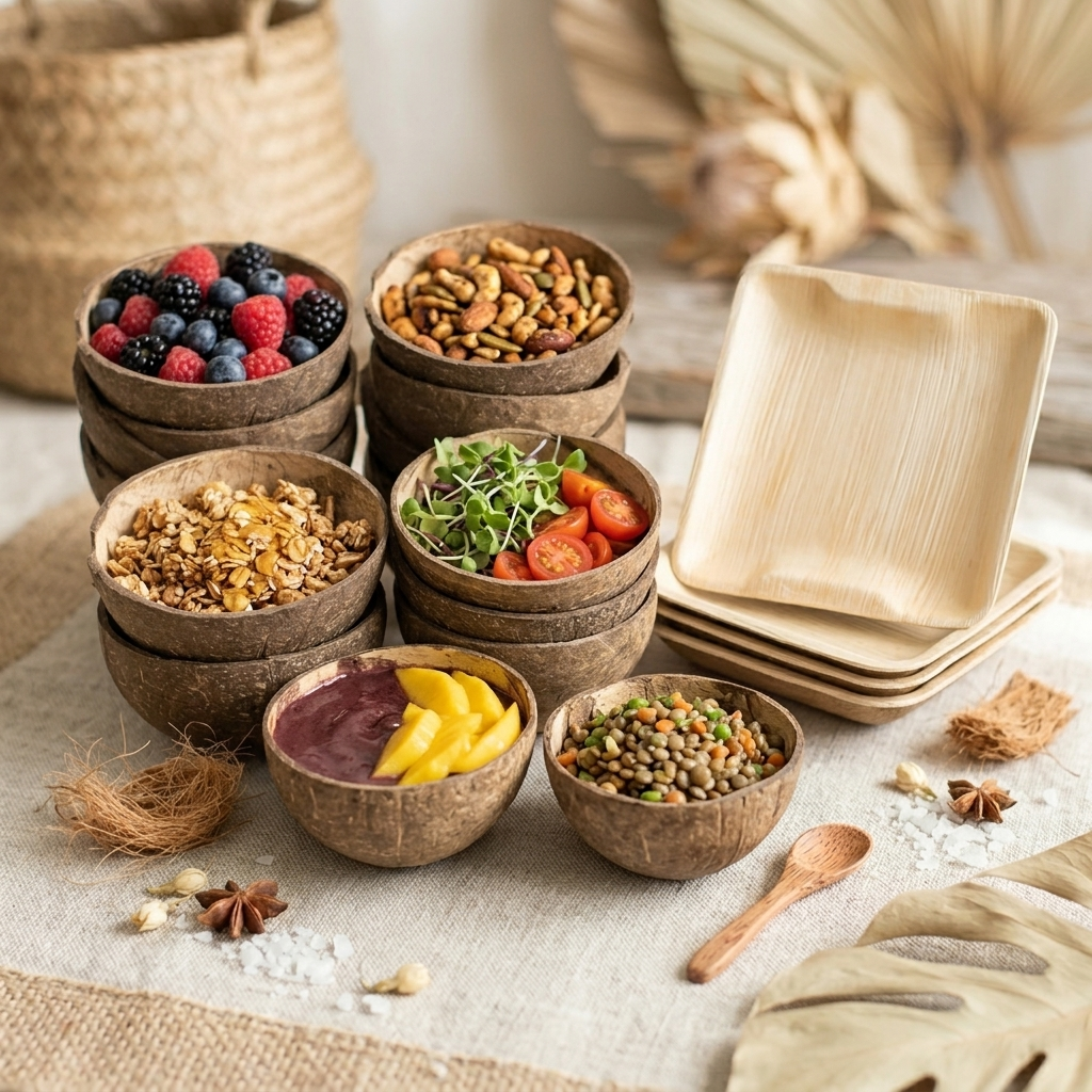 Natural Oval Coconut Bowls &amp; Rectangular Palm Leaf Plates Bundle