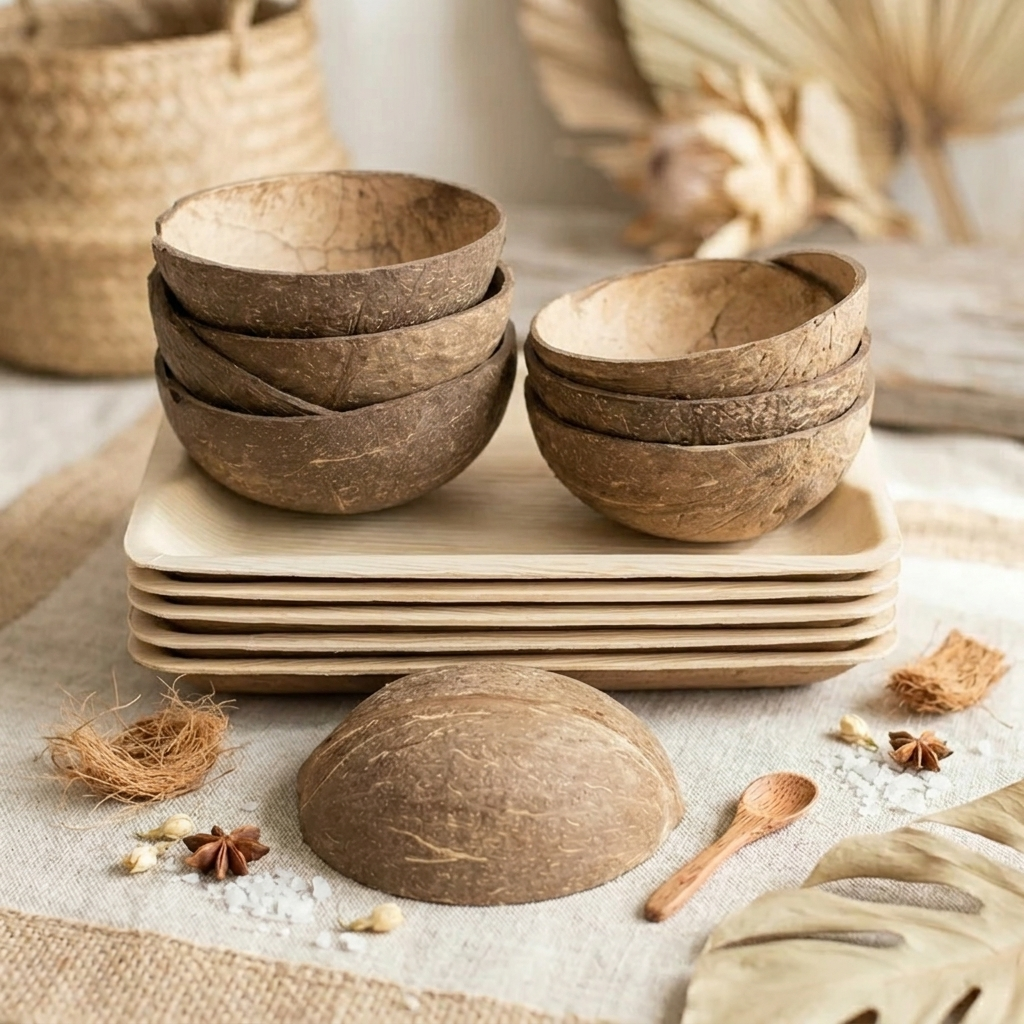 Natural Oval Coconut Bowls &amp; Rectangular Palm Leaf Plates Bundle