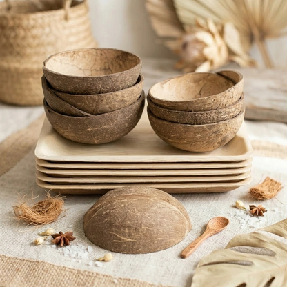 Natural Oval Coconut Bowls &amp; Rectangular Palm Leaf Plates Bundle