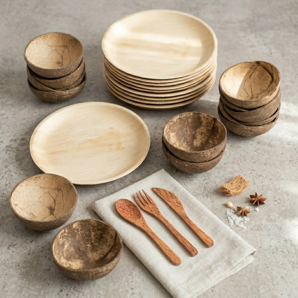 Natural Coconut Bowl, Coconut Wood Cutlery &amp; Palm Leaf Plate Bundle