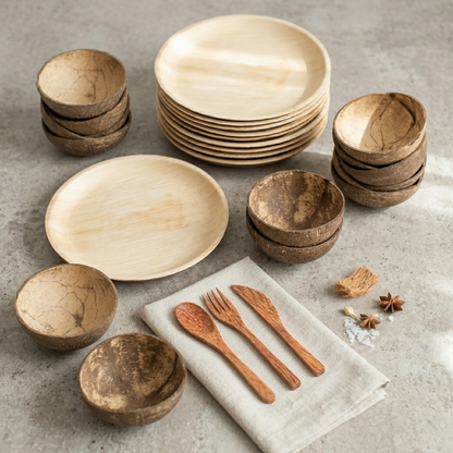 Natural Coconut Bowl, Coconut Wood Cutlery &amp; Palm Leaf Plate Bundle