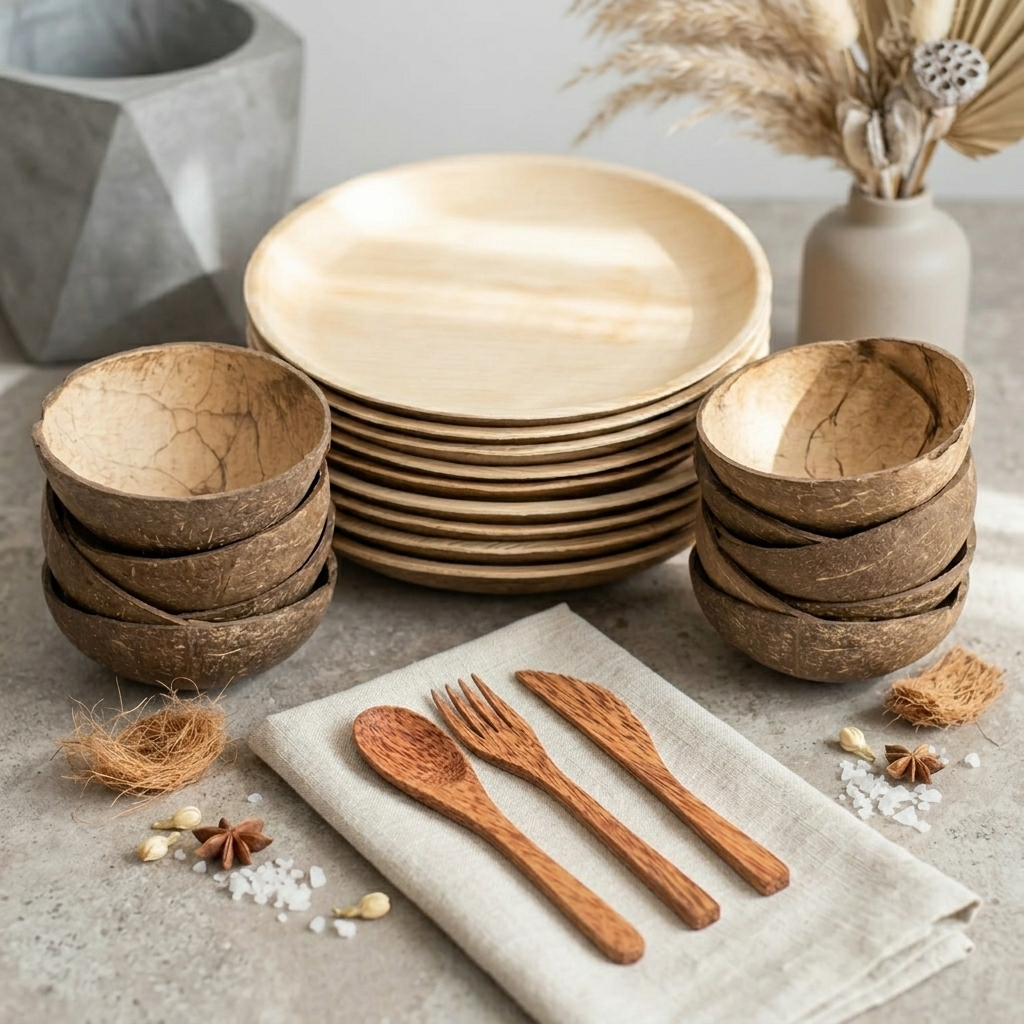 Natural Coconut Bowl, Coconut Wood Cutlery &amp; Palm Leaf Plate Bundle