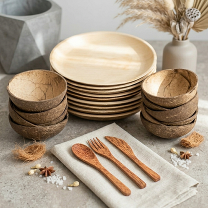 Natural Coconut Bowl, Coconut Wood Cutlery &amp; Palm Leaf Plate Bundle