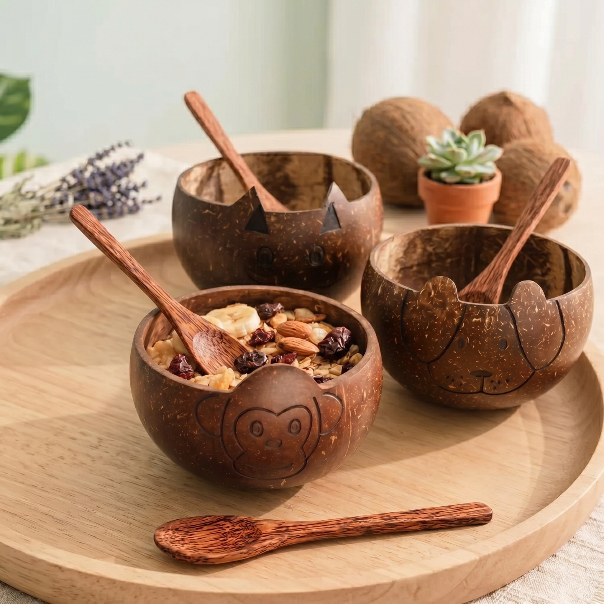 Kids Coconut Bowl Trio – Cat, Dog &amp; Monkey with Coconut Wood Spoons