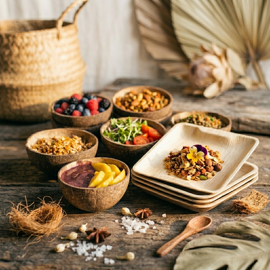 Natural Oval Coconut Bowls &amp; Rectangular Palm Leaf Plates Bundle