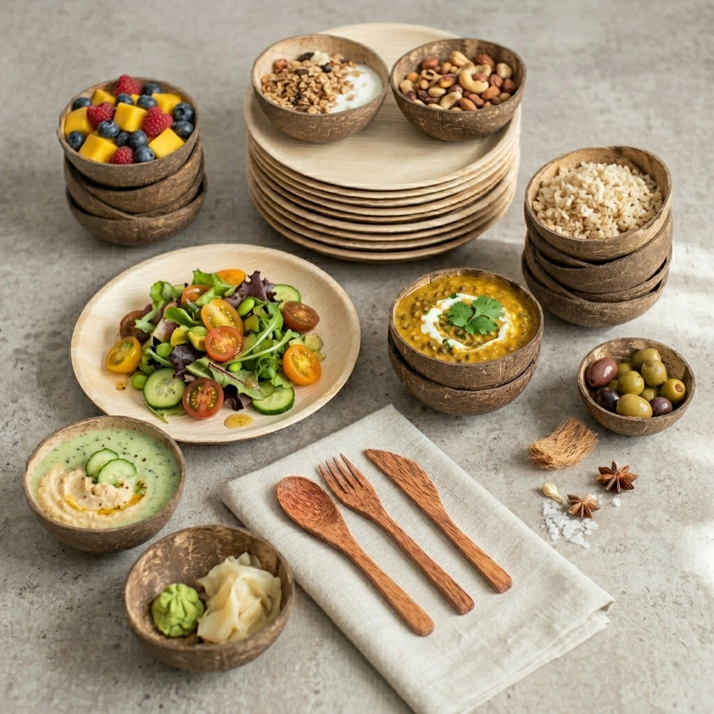 Natural Coconut Bowl, Coconut Wood Cutlery &amp; Palm Leaf Plate Bundle
