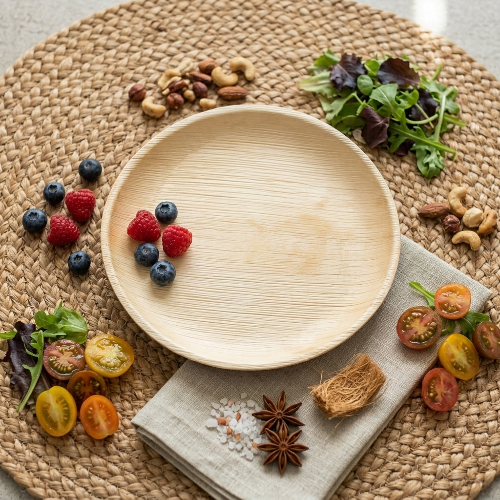 Natural Coconut Bowl, Coconut Wood Cutlery &amp; Palm Leaf Plate Bundle