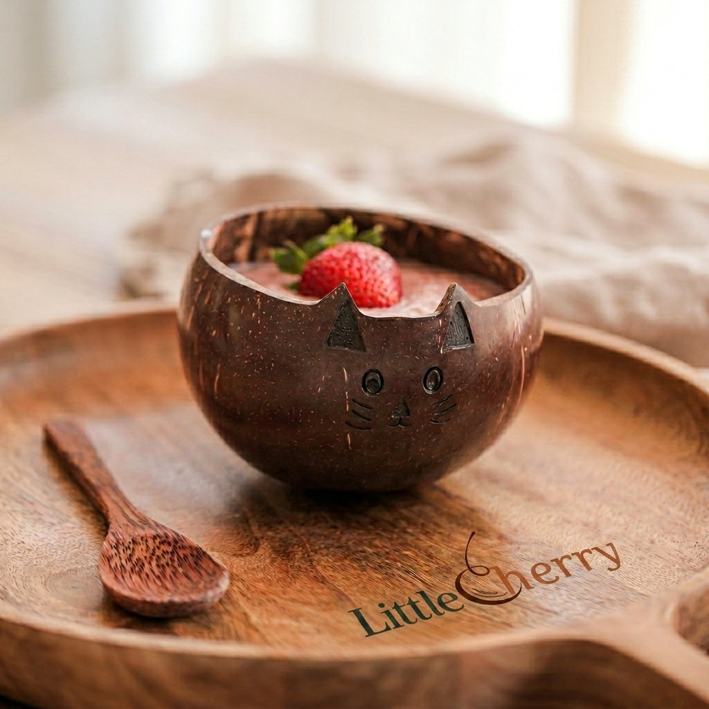 Kids Coconut Bowl Trio – Cat, Dog &amp; Monkey with Coconut Wood Spoons