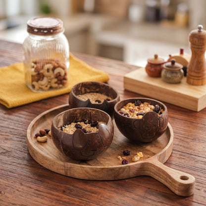 Kids Coconut Bowl Trio – Cat, Dog &amp; Monkey with Coconut Wood Spoons