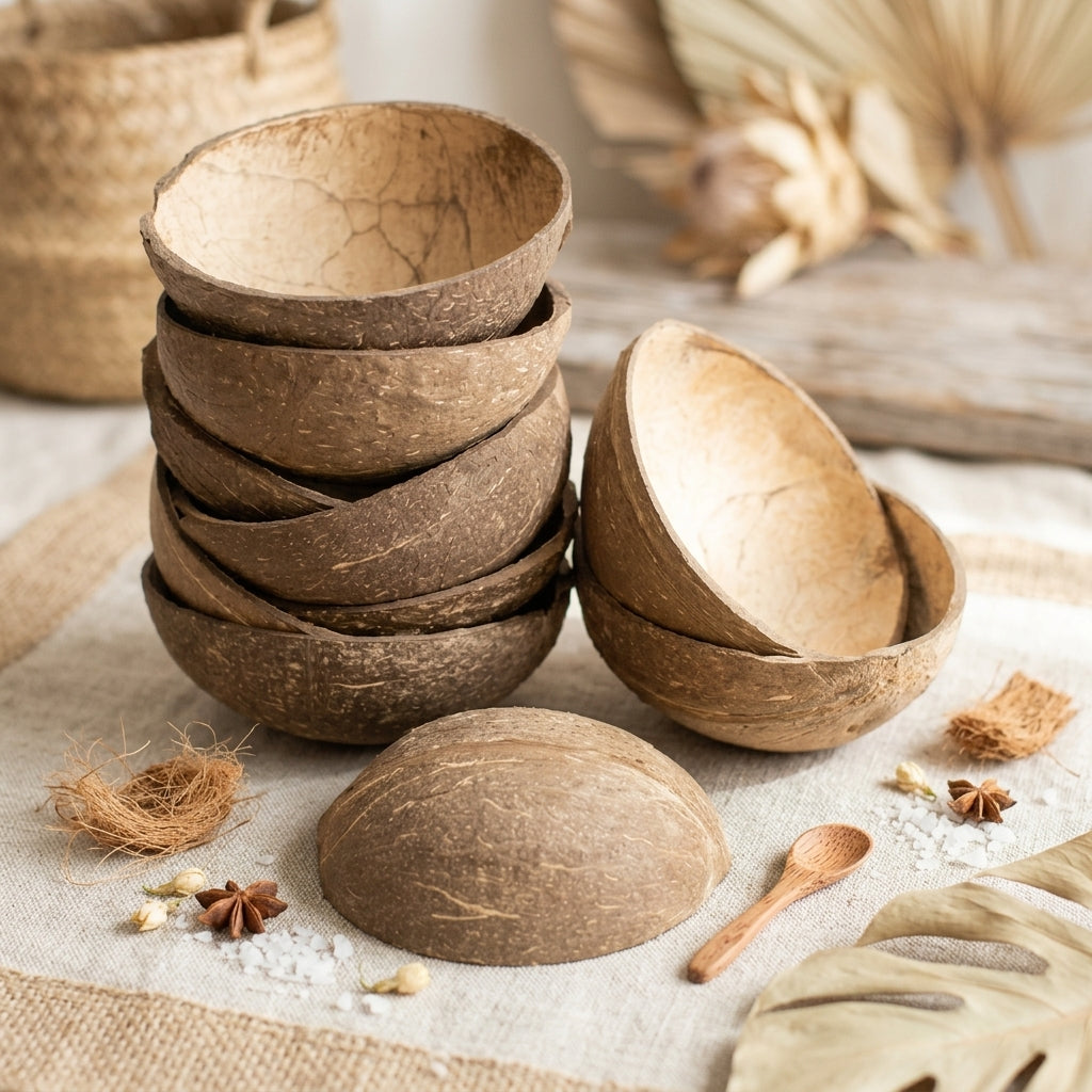 Natural Oval Coconut Bowls &amp; Rectangular Palm Leaf Plates Bundle