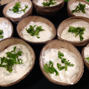 Dips in coconut shell bowls