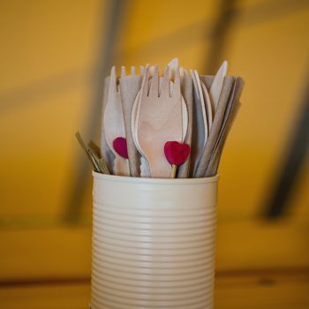 Our beautiful biodegradable cutlery on display at a tipi wedding